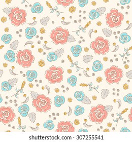 Seamless vintage floral pattern on white background with roses.