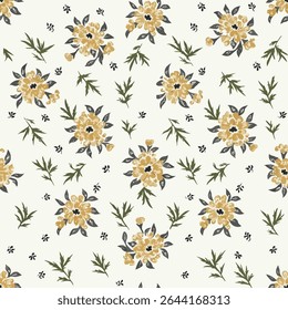 Seamless vintage floral pattern with painterly yellow marigolds and grey-green leaves on a white background. A rustic, country-style ditsy print perfect for textiles, wallpaper, and scrapbooking.