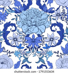 Seamless vintage floral pattern with peony; retro background