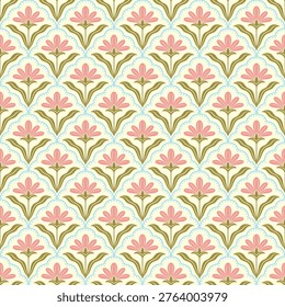 Seamless Vintage Floral Pattern with Pink Lotus Flowers and Olive Leaves on Cream Background