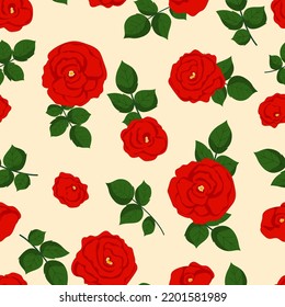 Seamless vintage floral pattern with red roses on pastel background. Backdrop for wallpaper, print, textile, fabric, wrapping. Vector illustration