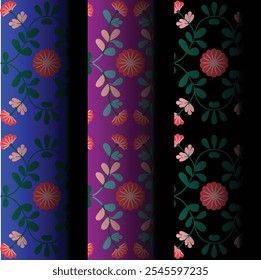 Motif floral harmonieux vintage avec roses et feuilles sur fond bleu foncé et doré, idéal pour les tissus et fonds d'écran avec une touche classique