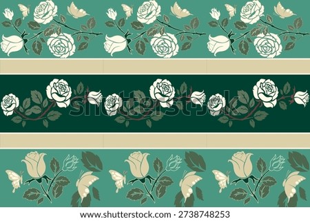 Seamless vintage floral pattern with roses, leaves and butterflies in emerald and cream tones, elegant repeating design ideal for fabric, wallpaper, packaging, stationery and decorative backgrounds.