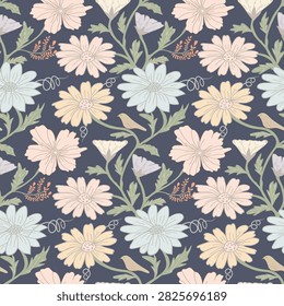 Seamless vintage floral pattern with soft pastel flowers, leaves, and small birds on dark background. Ideal for textile print, wallpaper, and wrapping paper.