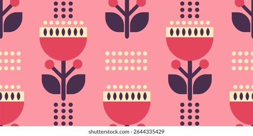 Seamless vintage floral pattern with stylized geometric flowers in pink, red and purple colors.