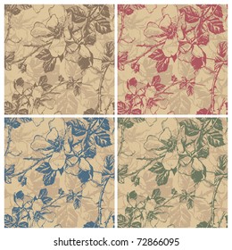 Seamless vintage floral pattern, vector illustration. Background with roses drawings in engraving style. Set of 4 color variations. Retro ornate elements for your design.