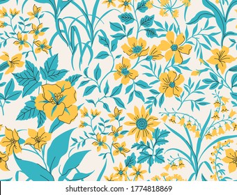 Seamless vintage floral pattern. White background, yellow flowers, blue leaves. Vector print with a liberty motif. Trendy desing for surface.