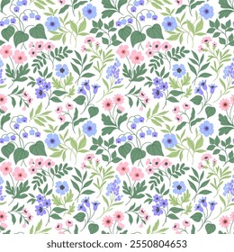 Padrão floral vintage sem emenda. Fundo branco, rosa, lilás e flores azuis, folhas verdes. Impressão vetorial com um motivo de liberdade. Estilo Ditsy. Vetor de estoque. Design moderno para superfície.  