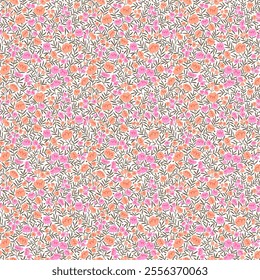 Seamless vintage floral pattern. White background, orange and pink flowers, gray brown leaves. Vector print with a liberty motif. Trendy design for surface. Retro style. Vector template