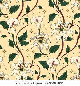 Seamless Vintage Floral Pattern with White Lily and Calla Lily Flowers on Beige Background. Elegant Botanical Seamless Pattern with Hand Drawn Lily Flowers and Green Leaves. Retro Floral Repeat Pattern with Decorative Vines and White Blossoms Illustration