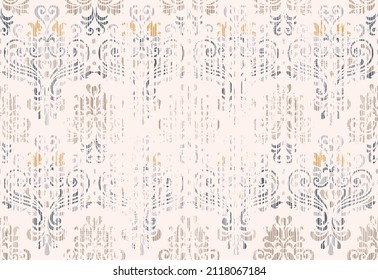 Seamless vintage floral rug with an effect of attrition. Damask carpet. Victorian engraved retro design. Vintage grunge fabric decor. Seamless abstract pattern with eastern motifs. Vector illustration