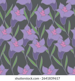 seamless vintage floral set pattern. simple hand drawn style. pretty pastel purple, rose romantic colors. folk motif, boundless decor. background for covers, wallpapers, gift wrap, childish postcards