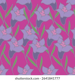 seamless vintage floral set pattern. simple hand drawn style. pretty pastel purple, rose romantic colors. folk motif, boundless decor. background for covers, wallpapers, gift wrap, childish postcards