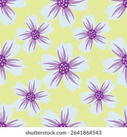 seamless vintage floral set pattern. simple hand drawn style. pretty pastel purple, rose romantic colors. folk motif, boundless decor. background for covers, wallpapers, gift wrap, childish postcards
