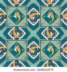 Seamless Vintage Floral Tile Pattern with Elegant Ornamental Paisley Motifs, Teal and Gold Decorative Design, Traditional Botanical Elements for Wallpaper, Textile, Fabric Print, and Home Decor 