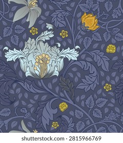 Seamless vintage floral trail pattern with birds, blooming flowers and foliage. Elegant botanical ornament inspired by classic British decorative textiles and historic legacy