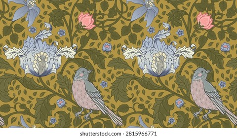 Seamless vintage floral trail pattern with birds, blooming flowers and foliage. Elegant botanical ornament inspired by classic British decorative textiles and historic legacy