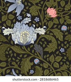 Seamless vintage floral trail pattern with birds, blooming flowers and foliage. Elegant botanical ornament inspired by classic British decorative textiles and historic legacy