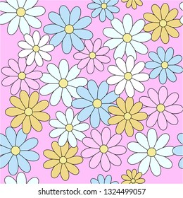 Seamless vintage floral vector pattern with chamomile flowers on a pink background