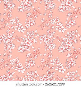 Patrón de Vector floral vintage sin fisuras con flores en flor, ramas delicadas y hojas en blanco y naranja sobre un fondo de coral claro. Ideal para la tela, Fondo de pantalla, embalaje, diseños de verano