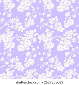 Seamless vintage floral vector pattern with blooming flowers, delicate branches, and leaves in pastel and soft on a violet, purple background for fabric, wallpaper, packaging, invitations, designs