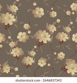 Padrão de vetor floral vintage contínuo com flores bege e dourado, folhas marrons e um fundo terroso. Perfeito para projetos de tecido, papel de parede, embalagem, decoração e impressão sob demanda