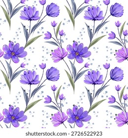 Padrão de vetor floral vintage sem costura com flores de verão rosa e roxo com folhas verdes para decoração têxtil inspirada na natureza e design de papel de parede