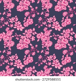 Patrón de Vector floral vintage sin fisuras con flores en flor, ramas delicadas y hojas en rosa sobre un fondo azul marino profundo. Ideal para tela, Fondo de pantalla, embalaje, invitaciones, diseños elegantes