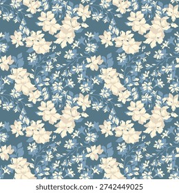 Seamless vintage floral vector pattern with elegant blooming flowers, delicate leaves, and soft organic shapes on a muted blue background. Perfect for fabric, wallpaper, wrapping paper
