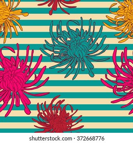 Seamless vintage floral vector pattern with blue stripes and bright pink, yellow and blue flowers. EPS 10.