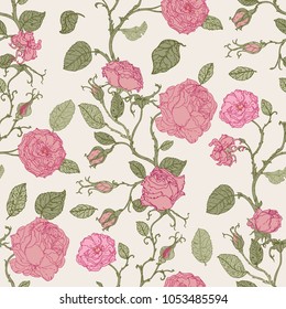 seamless vintage flower garden pattern background. flower engraving vector illustration. Scratch board style imitation. Hand drawn image