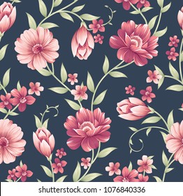 seamless vintage flower pattern on navy background