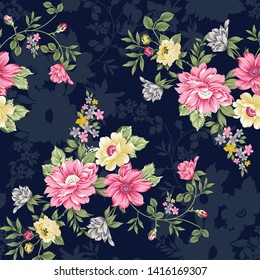 seamless vintage flower pattern on navy