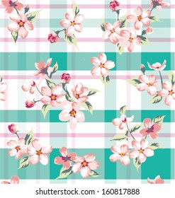 seamless vintage flower pattern on check background