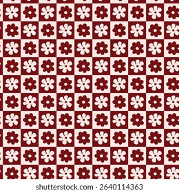 Seamless vintage flower pattern with white floral tiles on deep burgundy background in square layout