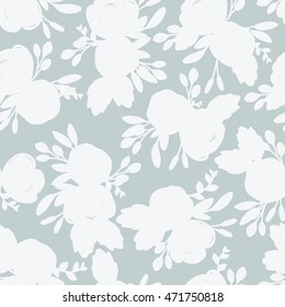 Seamless vintage flower silhouette pattern on blue background, vector floral pattern