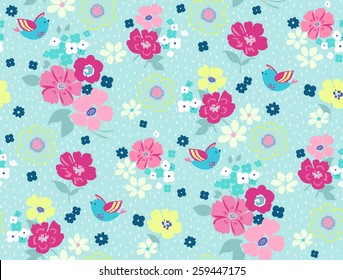 seamless vintage flowers and cute bird pattern vector