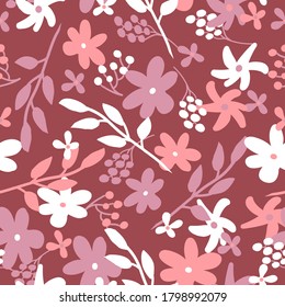 Patrón de flores vintage sin foco. Fondo rosa oscuro, flores rosas y blancas, hojas. La impresión es adecuada para el fondo de escritorio.