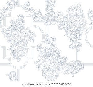 Seamless vintage flowers pattern design. Abstract line floral pattern.