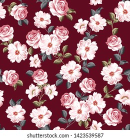 seamless vintage flowers pattern on red background