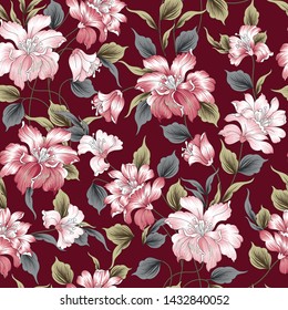 seamless vintage flowers pattern on red background 