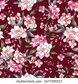 seamless vintage flowers pattern on red background