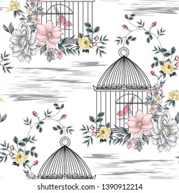 Seamless vintage flowers,bird, bird cage and texture