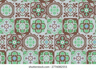 Seamless Vintage Folk Tile Pattern Green Brown Portuguese Ornament
