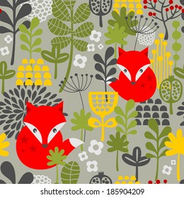 Seamless vintage fox and flowers pattern. Vector illustration.