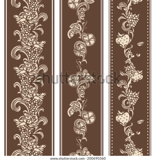 Seamless\
vintage fruits borders. Vertical borders for your design in sepia.\
Grape, raspberry, cherry, lemon and strawberry.\
