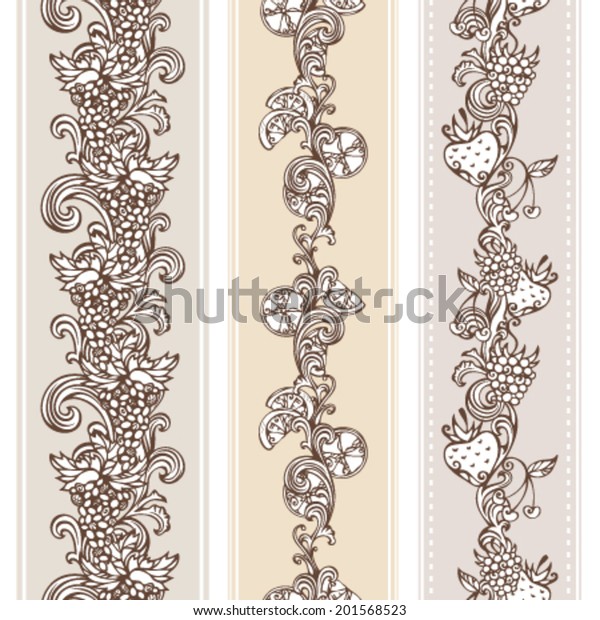 Seamless\
vintage fruits borders. Vertical borders for your design in sepia.\
Grape, raspberry, cherry, lemon and strawberry.\
