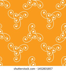 Seamless vintage geometric pattern with  white ornament on orange background.  Romantic decorative vector illustration for fabric, textile. Hand draw design. Print for children. Doodle style. 