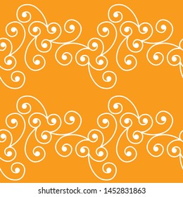 Seamless vintage geometric pattern with  white ornament on orange background.  Romantic decorative vector illustration for fabric, textile. Hand draw design. Print for children. Doodle style. 