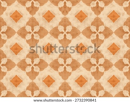Seamless vintage geometric tile pattern inspired by traditional ceramic and Moroccan designs. Featuring warm beige, terracotta, and earthy orange tones with a watercolor texture. Ideal for wallpapers, textiles, fabrics, home decor, backgrounds, wrapping paper, and surface design projects. High-quality repeatable pattern.